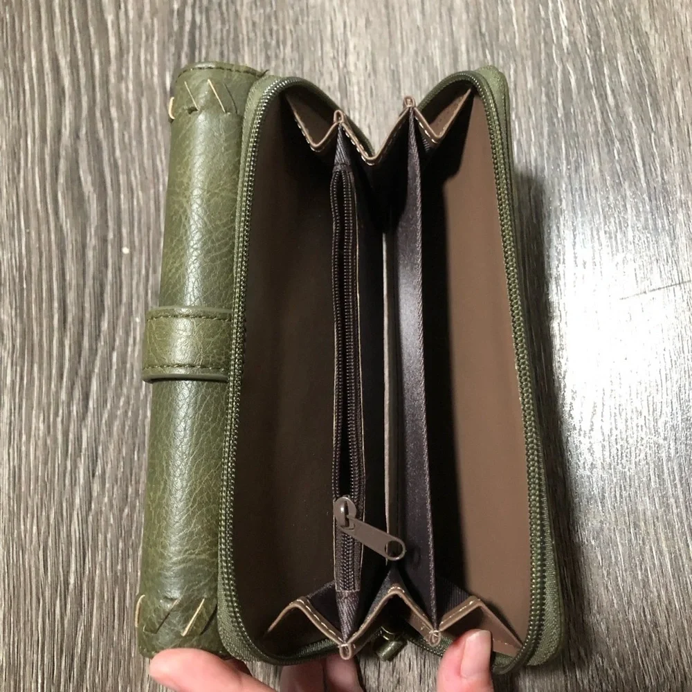 b.o.c. Born Concept OliveGreen Vegan Leather Whipstitch Trifold Organizer Wallet